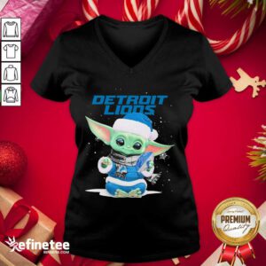 Nice Baby Yoda play Rugby Detroit Lions Merry Christmas V-neck - Design By Refinetee.com