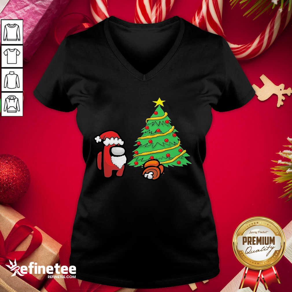 Official Among Us hat Santa And Tree Pine Merry Christmas V-neck - Design By Refinetee.com Among Us hat Santa And Tree Pine Merry Christmas V-neck - Design By Refinetee.com