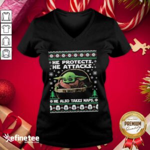 Pro Baby Yoda He Protects He Attacks He Also Takes Naps Ugly Christmas V-neck - Design By Refinetee.com