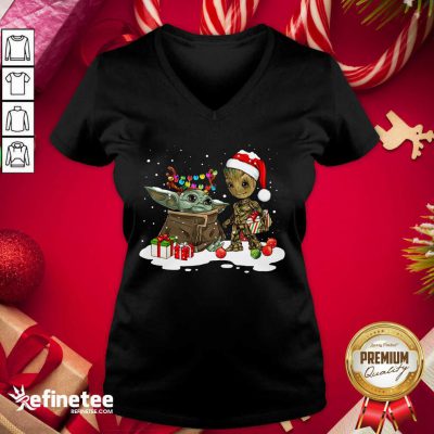 Top Baby Yoda And Baby Groot Happy Merry Christmas V-neck - Design By Refinetee.com