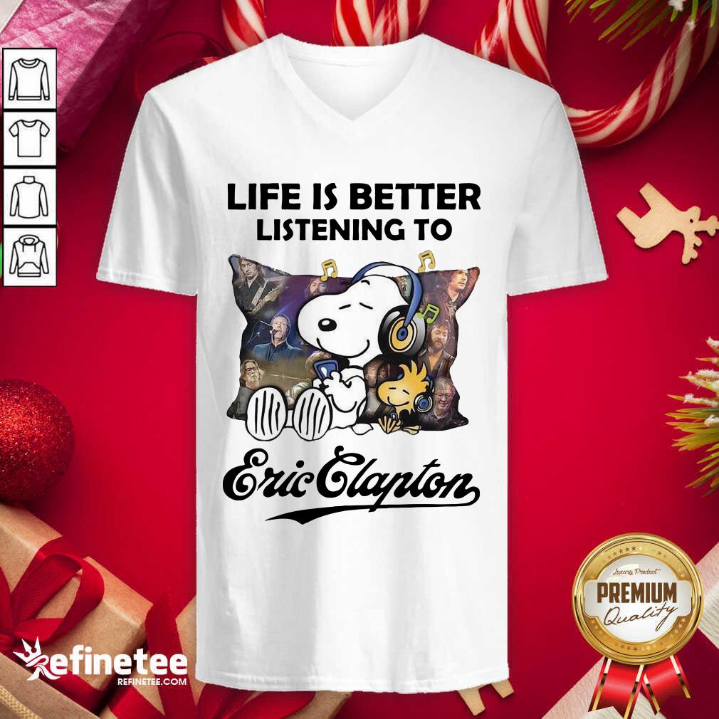 Top Snoopy Life Is Better Listening To Eric Clapton V-neck - Design By Refinetee.com Snoopy Life Is Better Listening To Eric Clapton V-neck - Design By Refinetee.com