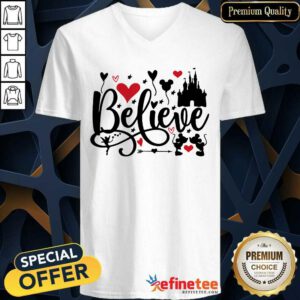 Funny Mickey Mouse And Minnie Mouse Disney Believe Valentines Day V-neck - Design By Refinetee.com