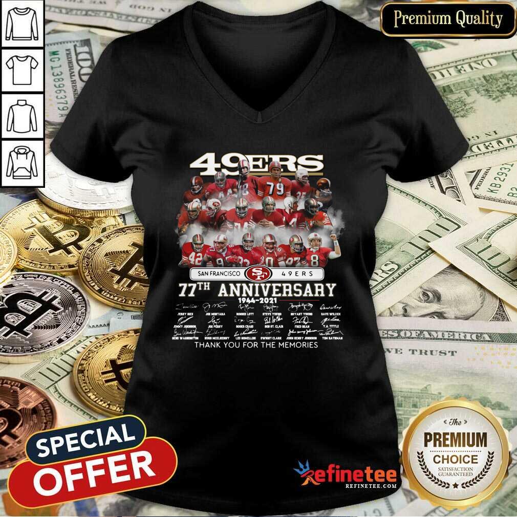 Great San Francisco 49ers 77th Anniversary 1944 2021 Signatures Thank You For The Memories V-neck Great San Francisco 49ers 77th Anniversary 1944 2021 Signatures Thank You For The Memories V-neck