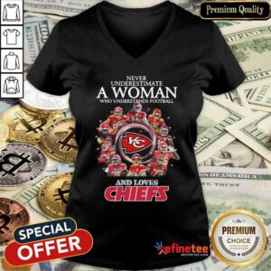 Pro Never Underestimate A Woman Who Understands Football And Loves Kansas City Chiefs Signatures 2021 V-neck