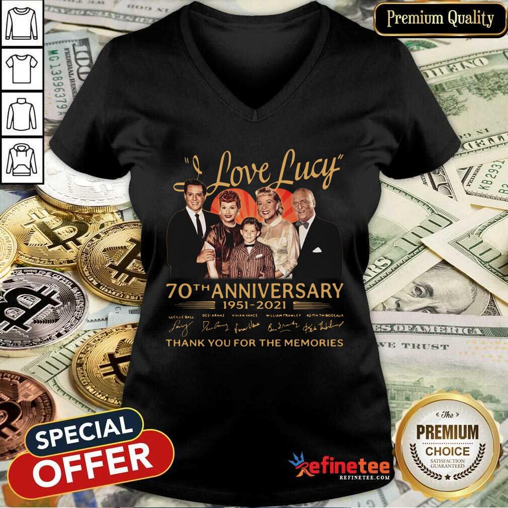 Top I Love Lucky 70th Anniversary Thank You For The Memories Signatures V-neck Top I Love Lucky 70th Anniversary Thank You For The Memories Signatures V-neck