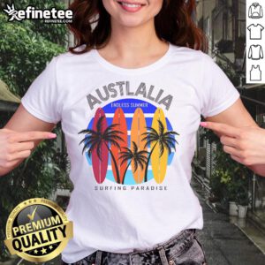 Australia Surfing Paradise Endless Summer ladies tee featuring vibrant beach graphics and a relaxed fit for summer style.
