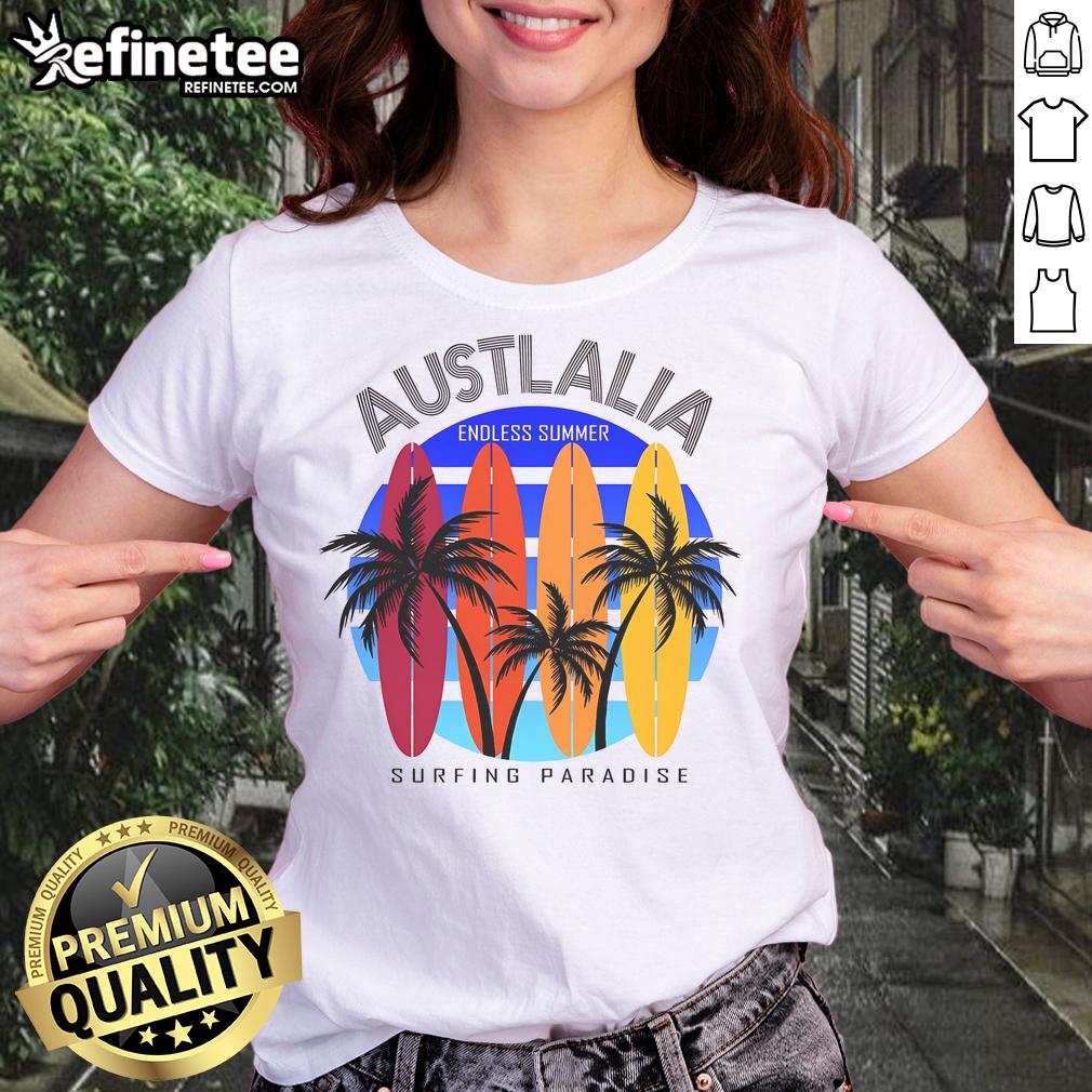 Australia Surfing Paradise Endless Summer ladies tee featuring vibrant beach graphics and a relaxed fit for summer style.