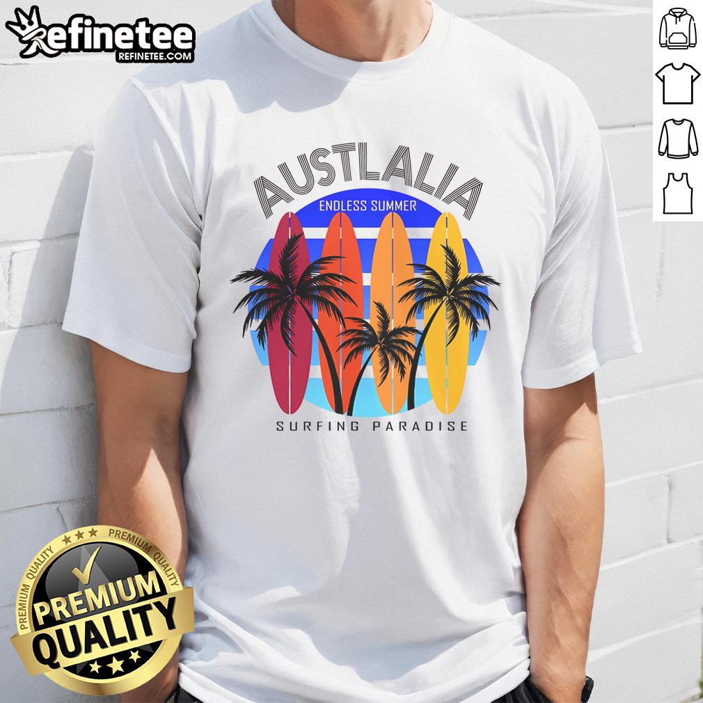 Australia Surfing Paradise Endless Summer T-Shirt featuring vibrant beach graphics and a relaxed fit for surfers.