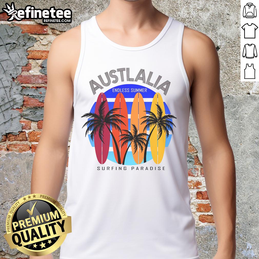 Australia Surfing Paradise Endless Summer tank top design featuring vibrant beach graphics and surfboard motifs.