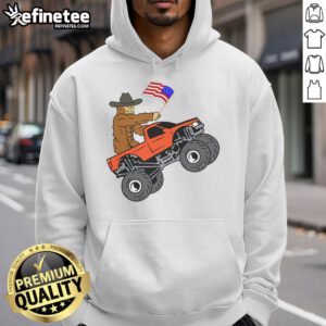 Awesome Bigfoot USA flag monster truck metallic star ornament hoodie showcasing vibrant design and unique style.