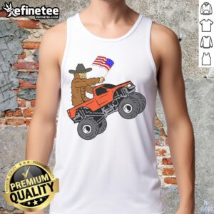 Alt Text: Awesome Bigfoot USA Flag Monster Truck metallic star ornament tank top featuring a bold design and vibrant colors.