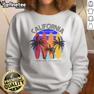 California Surfing Paradise Endless Summer Sweatshirt featuring vibrant ocean waves and a surfer silhouette.