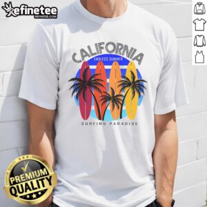 California Surfing Paradise Endless Summer T-Shirt design featuring vibrant waves and surfboards, perfect for beach lovers.