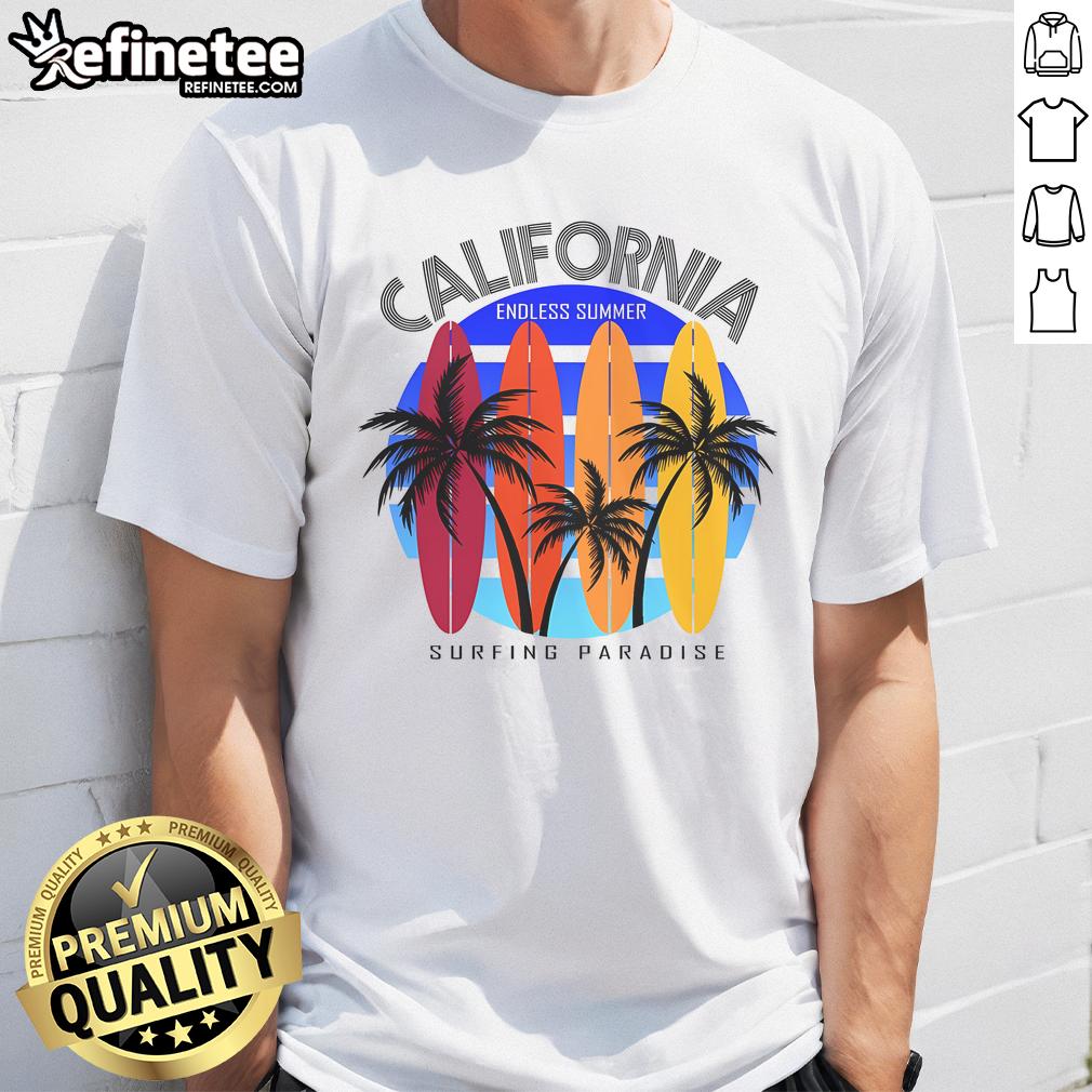 California Surfing Paradise Endless Summer T-Shirt design featuring vibrant waves and surfboards, perfect for beach lovers.