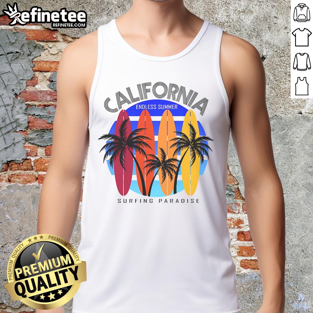California Surfing Paradise Endless Summer Tank Top featuring a vibrant beach design and surf graphics, perfect for summer vibes.