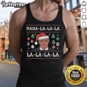 Funny MAGA La La La Donald Trump POTUS 47 ugly Christmas tank top design with festive graphics and humorous text.
