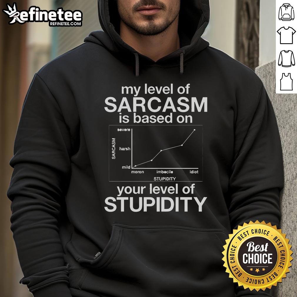 Alt Text: Funny hoodie featuring sarcasm quote: 'My level of sarcasm is based on your level of stupidity' for humor lovers.