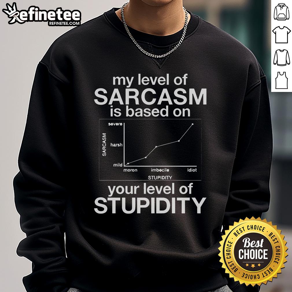 Funny sweatshirt with the phrase 'My Level of Sarcasm Is Based on Your Level of Stupidity' in bold text.