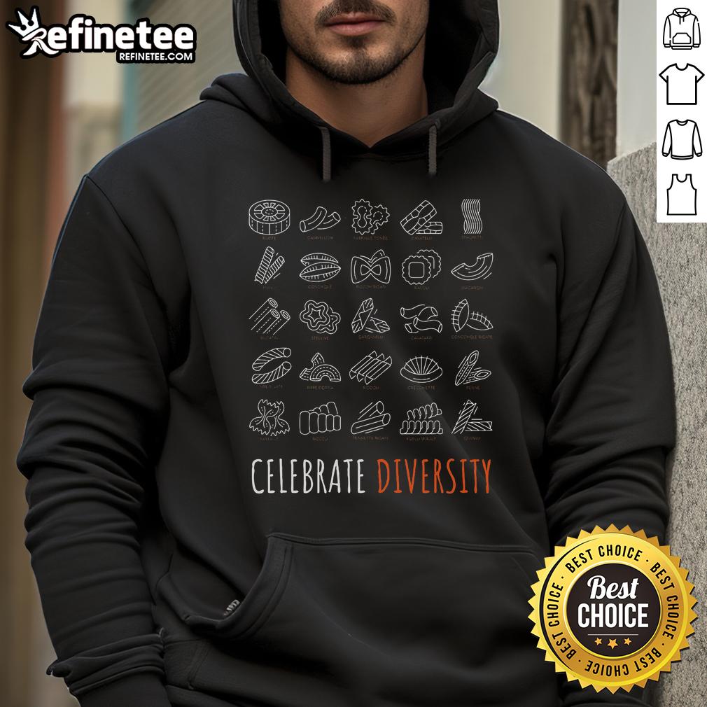 Funny Pasta Celebrate Diversity hoodie for pasta lovers featuring colorful pasta graphics and a vibrant design.