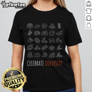 Funny pasta-themed tee for ladies celebrating diversity, perfect for pasta lovers and food enthusiasts.