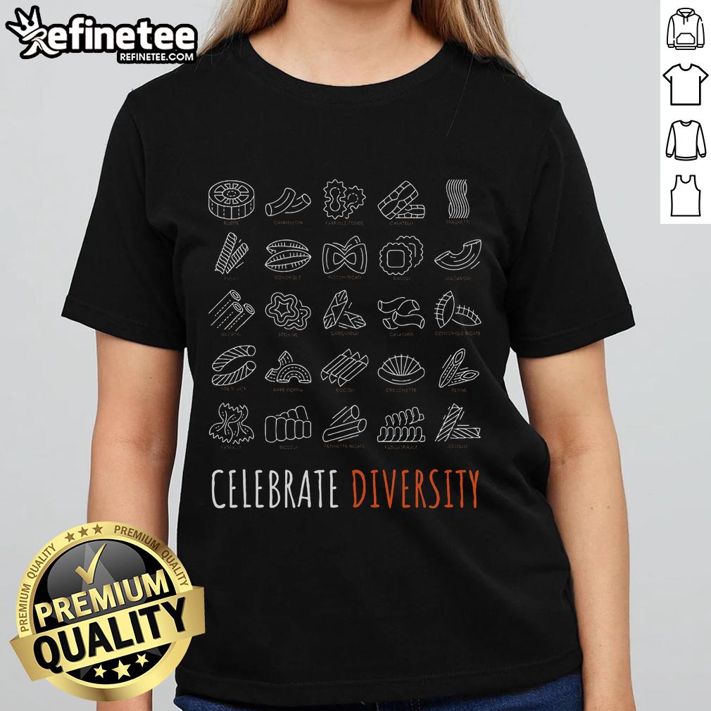Funny pasta-themed tee for ladies celebrating diversity, perfect for pasta lovers and food enthusiasts.