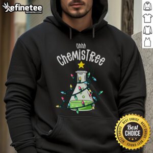 Alt Text: Funny science teacher wearing Oh Chemistree hoodie in a lab, showcasing a humorous take on chemistry.