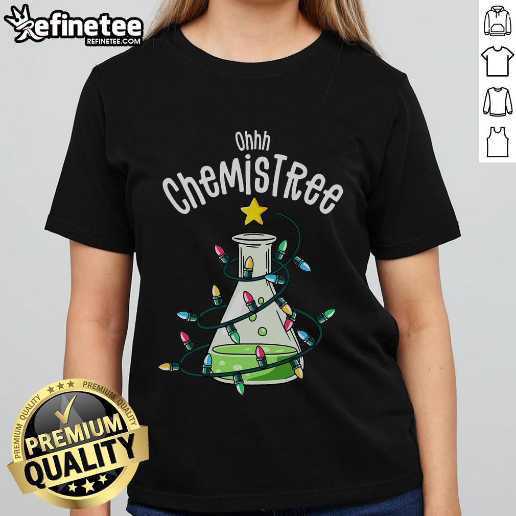 Funny science teacher wearing 'Oh Chemistree' tee, showcasing chemistry humor for ladies in a vibrant classroom setting.