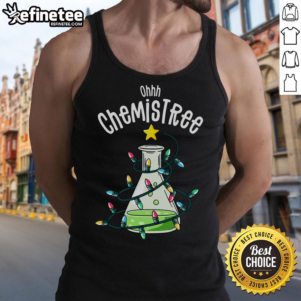 Funny science teacher wearing a Oh Chemistree chemistry tank top, showcasing humor and creativity in science education.