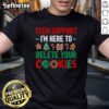 Funny Tech Support Christmas T-Shirt featuring 'I'M Here To Delete Your Cookies' slogan in festive design.