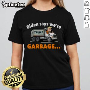Alt Text: Hot Donald Trump rides a garbage truck in a humorous graphic for ladies' tee, showcasing a fun political statement.