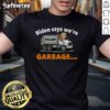 Hot Donald Trump rides a garbage truck in a quirky T-shirt design, showcasing humor and political satire.