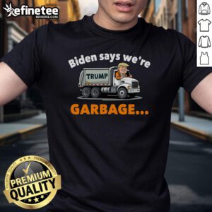 Hot Donald Trump rides a garbage truck in a quirky T-shirt design, showcasing humor and political satire.