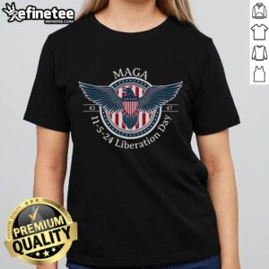 Hot Trump Won 2024 MAGA Liberation Day Ladies Tee featuring bold graphics celebrating President 45 & 47.
