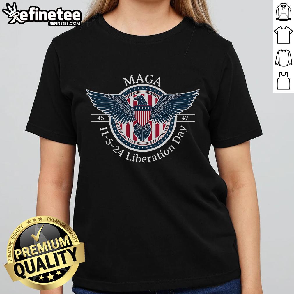 Hot Trump Won 2024 MAGA Liberation Day Ladies Tee featuring bold graphics celebrating President 45 & 47.