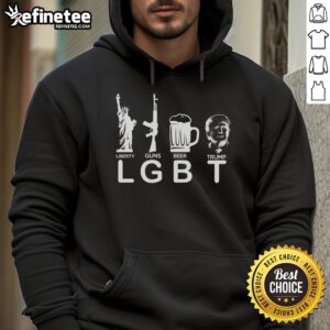 Pro-Donald Trump hoodie featuring LGBT pride, liberty symbols, guns, and beer, perfect for supporters of individual freedoms.