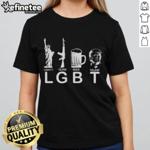 Womens tee featuring LGBT pride, guns, beer, and pro-Donald Trump themes, perfect for expressing bold, patriotic views.