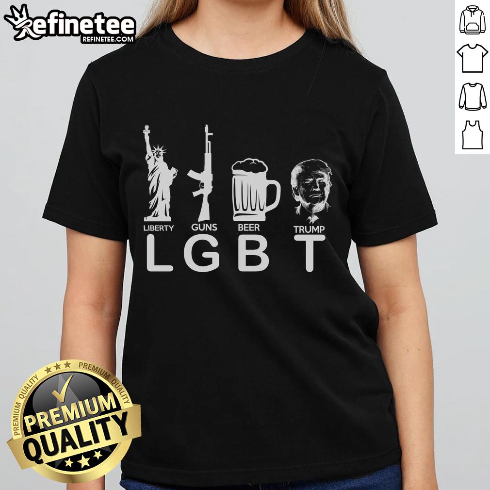 Womens tee featuring LGBT pride, guns, beer, and pro-Donald Trump themes, perfect for expressing bold, patriotic views.