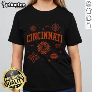 Stylish 'Nice-A-Very-Cincinnati-Christmas' ladies tee featuring festive designs, perfect for holiday celebrations.