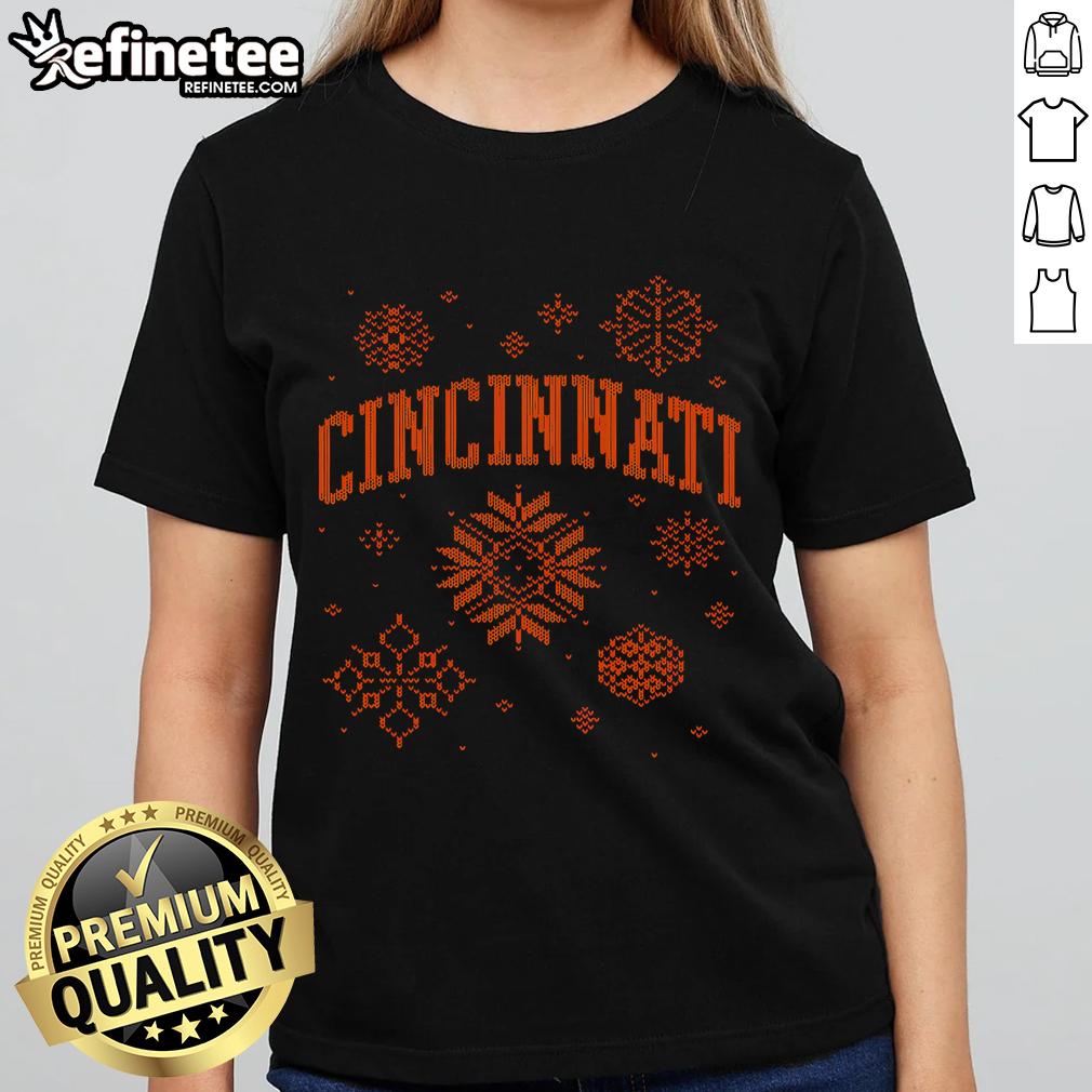 Stylish 'Nice-A-Very-Cincinnati-Christmas' ladies tee featuring festive designs, perfect for holiday celebrations.