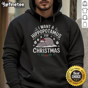 Cute hippopotamus Christmas hoodie featuring 'I Want A Hippo For Xmas' design, perfect for festive pajama parties.