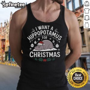 Festive tank top featuring a cute hippo design, perfect for Christmas with 'I Want A Hippo For Xmas' slogan.