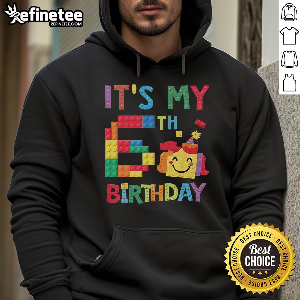 Child wearing a hoodie celebrating 6th birthday with brick blocks, featuring 'Nice Master Builder' design.