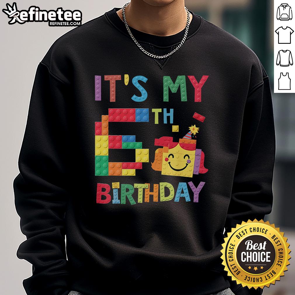 Child wearing a Nice Master Builder sweatshirt celebrating 6th birthday with colorful brick blocks design.