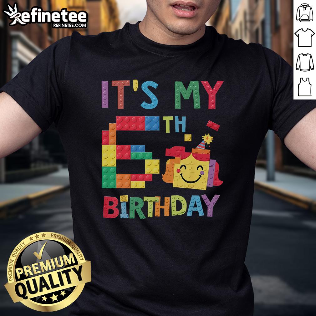 Colorful 'Nice Master Builder 6th Birthday' t-shirt featuring playful brick block design for kids' birthday celebration.