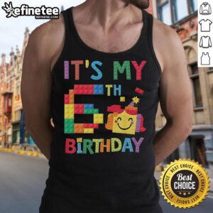 Child wearing 'Nice Master Builder' tank top celebrating 6th birthday with colorful brick blocks and cheerful decorations.