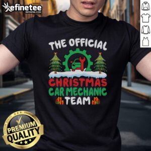 Cheerful auto repair team in Christmas T-shirts fixing cars, celebrating the holiday spirit in a mechanic workshop.