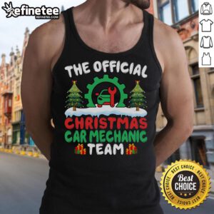 Cheerful mechanic team in Christmas tank tops fixing cars at auto repair shop for a festive holiday spirit.