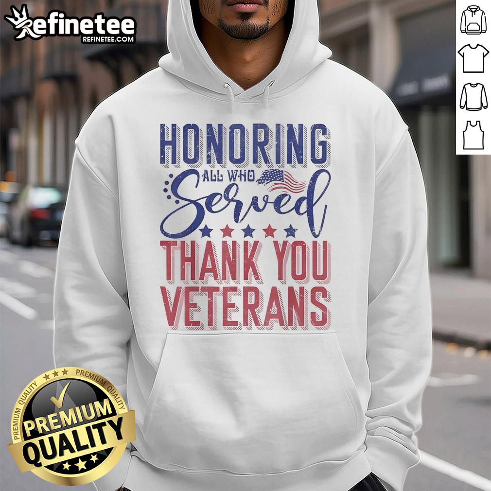 Official Veterans Day hoodie featuring 'Thank You' message with American flag design honoring all who served.
