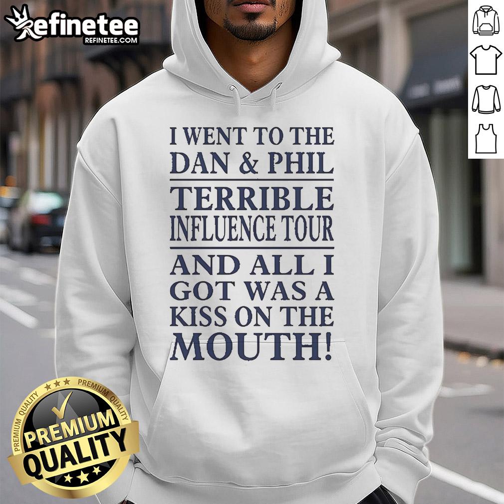 Alt Text: Official I Went To The Dan And Phil Terrible Influence Tour hoodie featuring a playful design and slogan.
