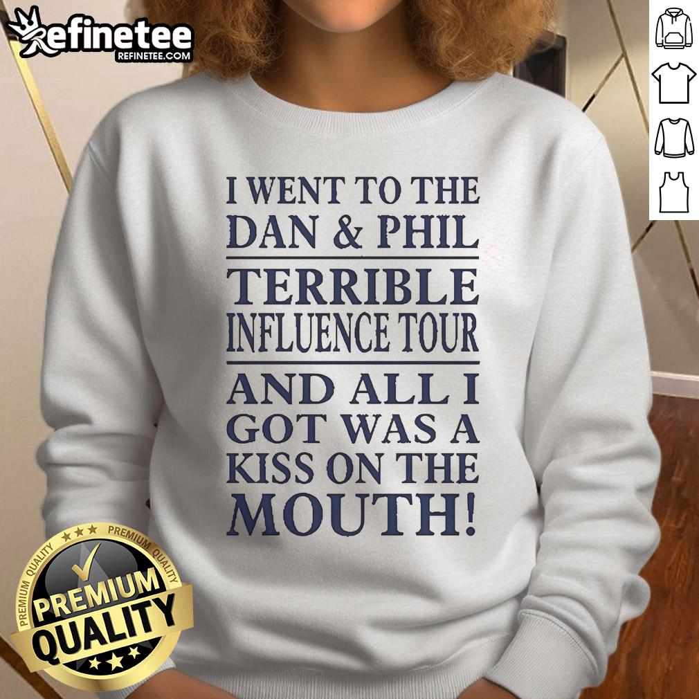 Alt Text: 'Official sweatshirt from the Dan and Phil Terrible Influence Tour featuring a humorous kiss on the mouth design.'